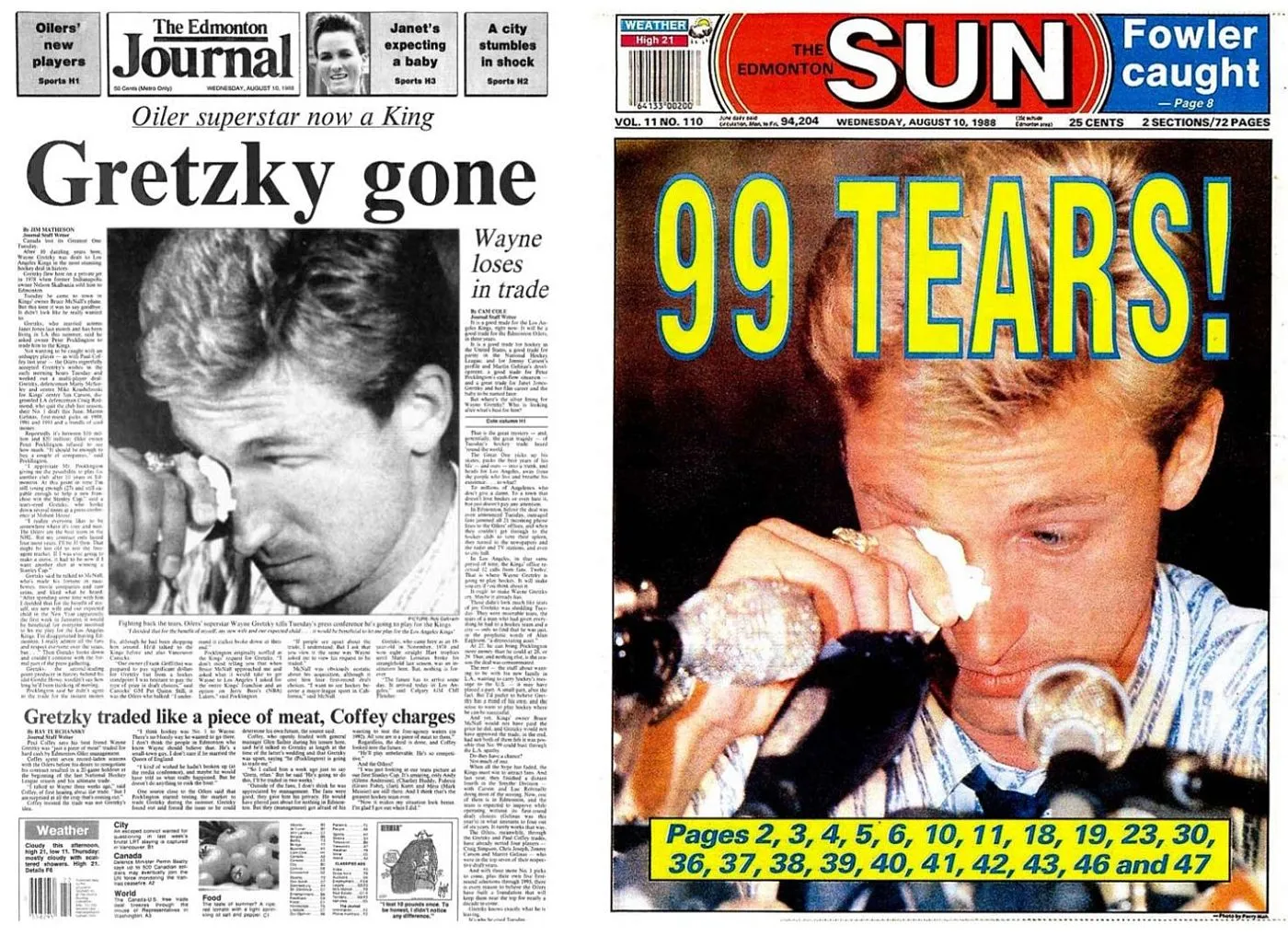 Wayne Gretzky na titulních stránkách edmontonských novin