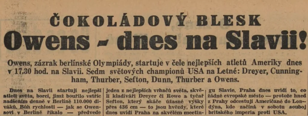 Jesse Owens v Praze, článek z novin
